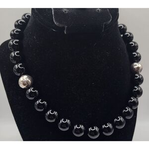 Vintage Estate Chunky Black Onyx Glass Sterling Silver Necklace 17.5in